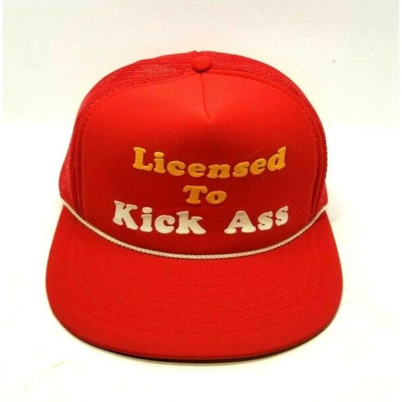 Vintage 1980’s LICENSED TO KICK ASS Red Snapback Trucker Hat Cap String (DM2) - Picture 5 of 8